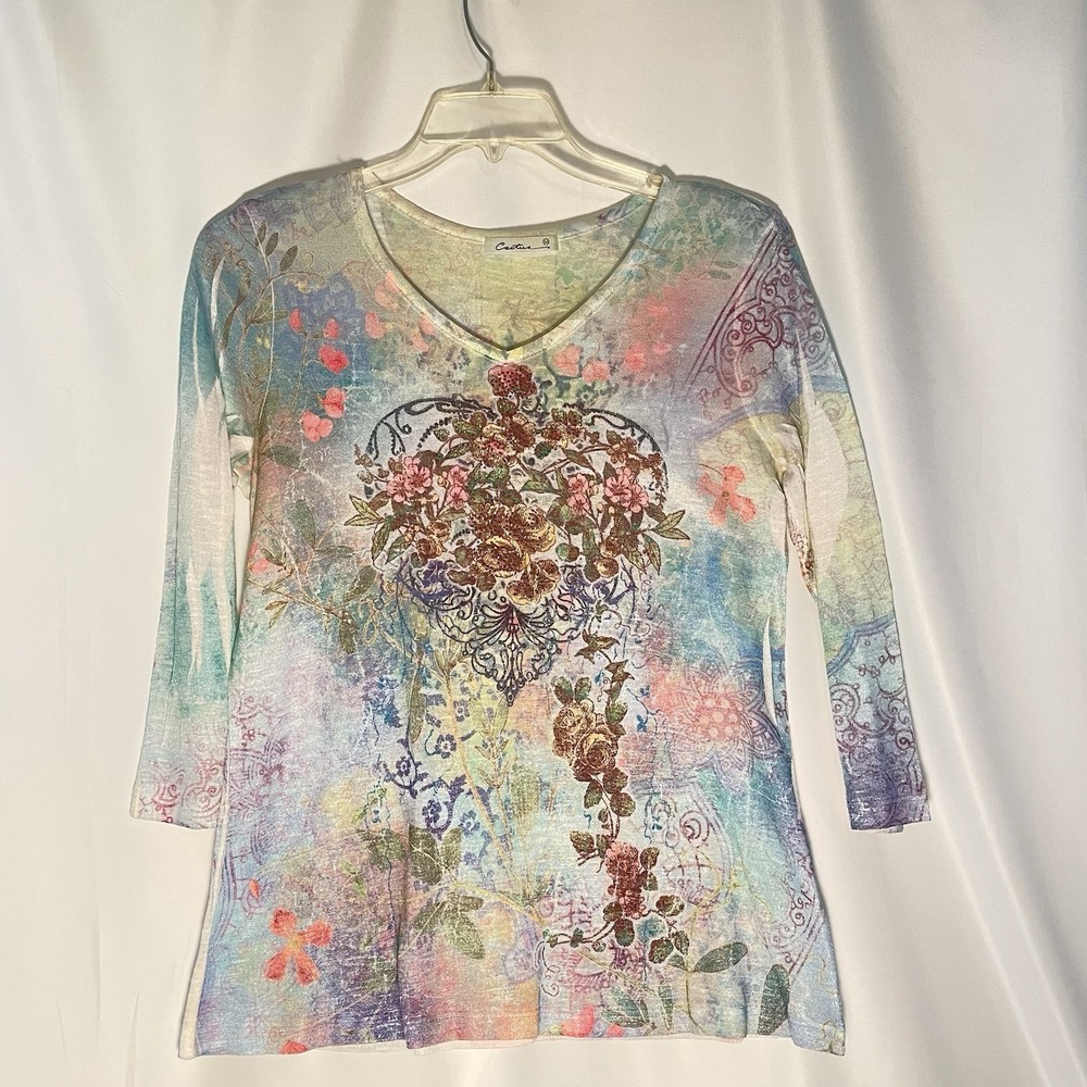 Cactus Womens Blouse Sz M Print Graphic Long Sleeve T-Shirt Embellished USA